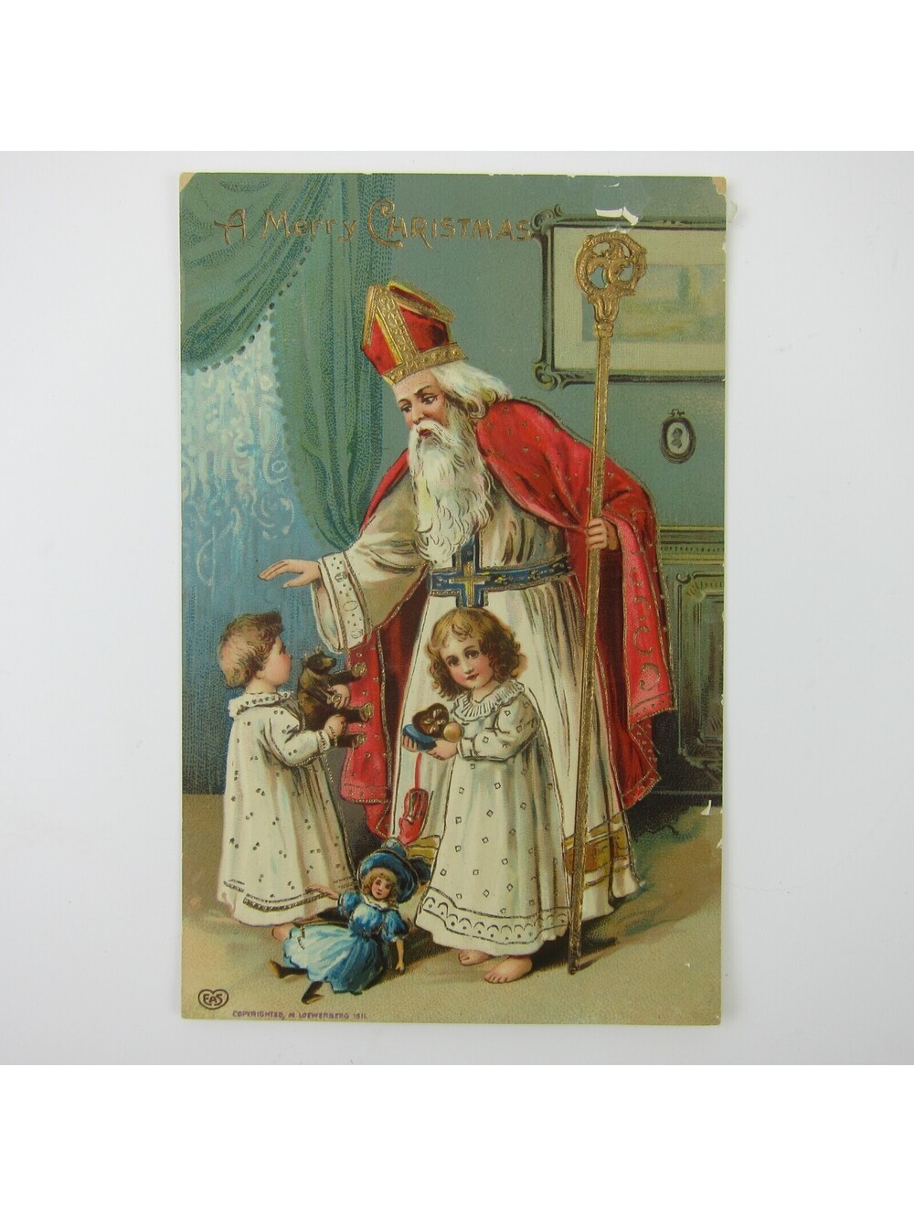 Vintage Christmas Postcard Gel Coat Old World Santa Children Embossed Antique